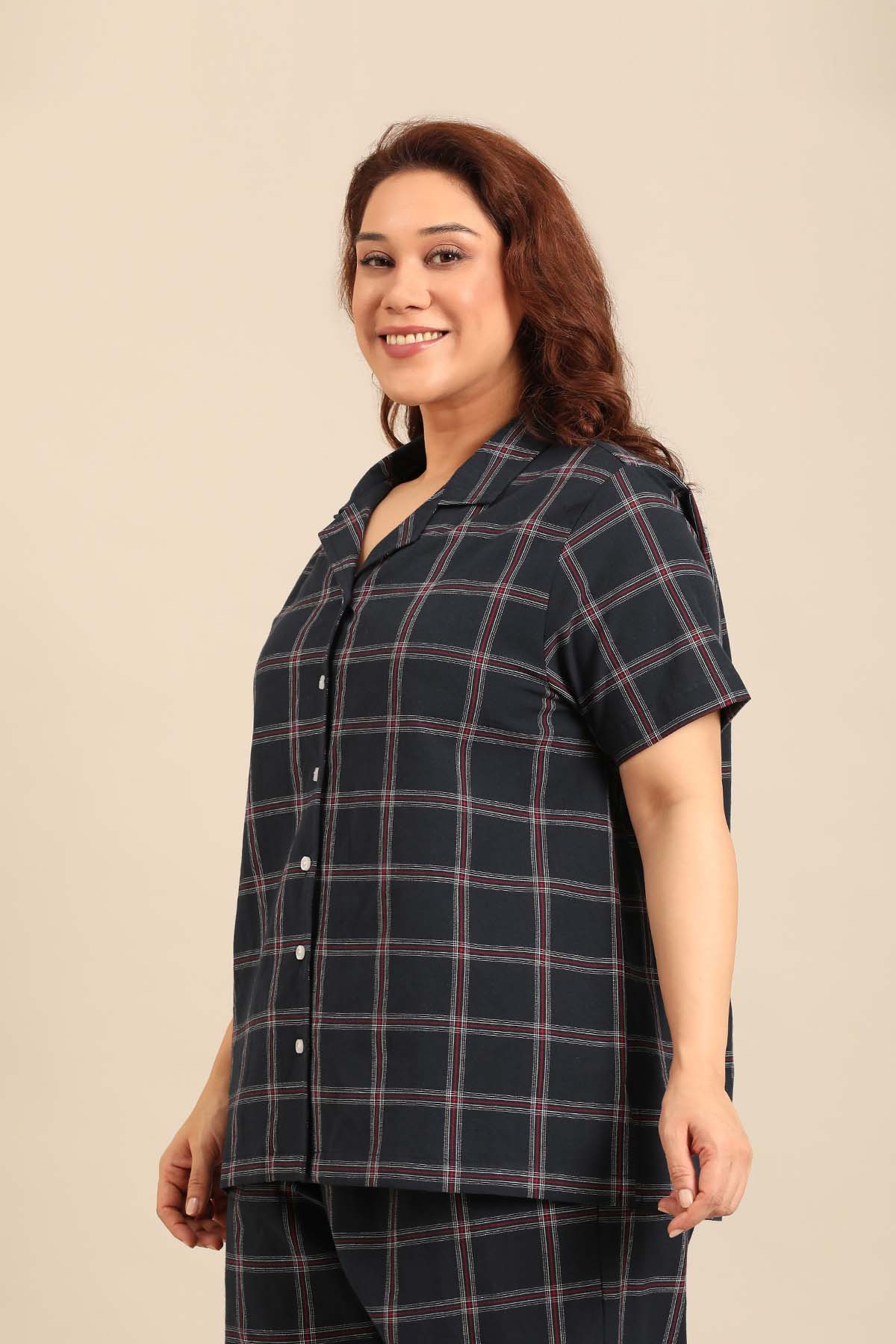 Amelia Check Cotton Blend Women's Curve Shirt Only - Half Sleeves