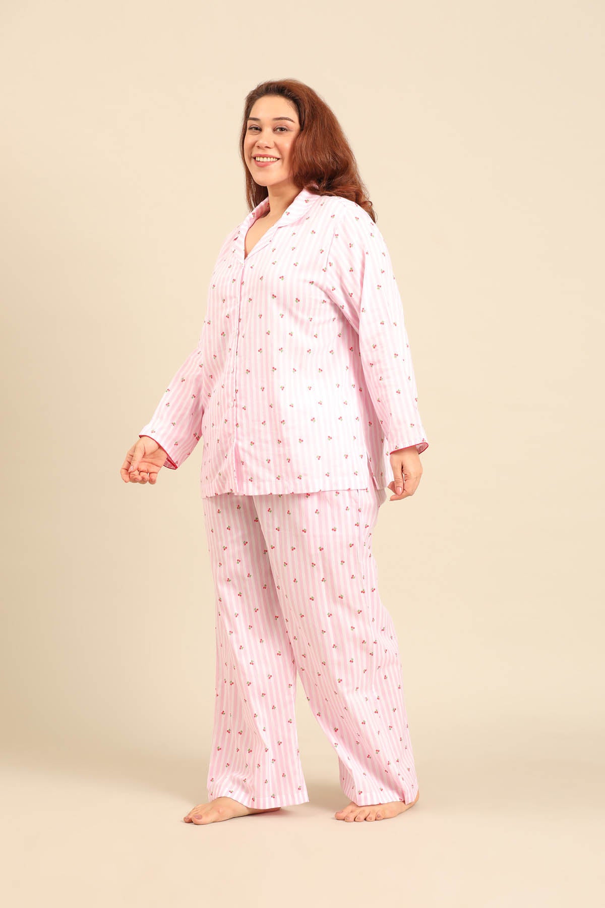 Cherry Stripe Cotton Women's Curve Pajama Set - Full Sleeves