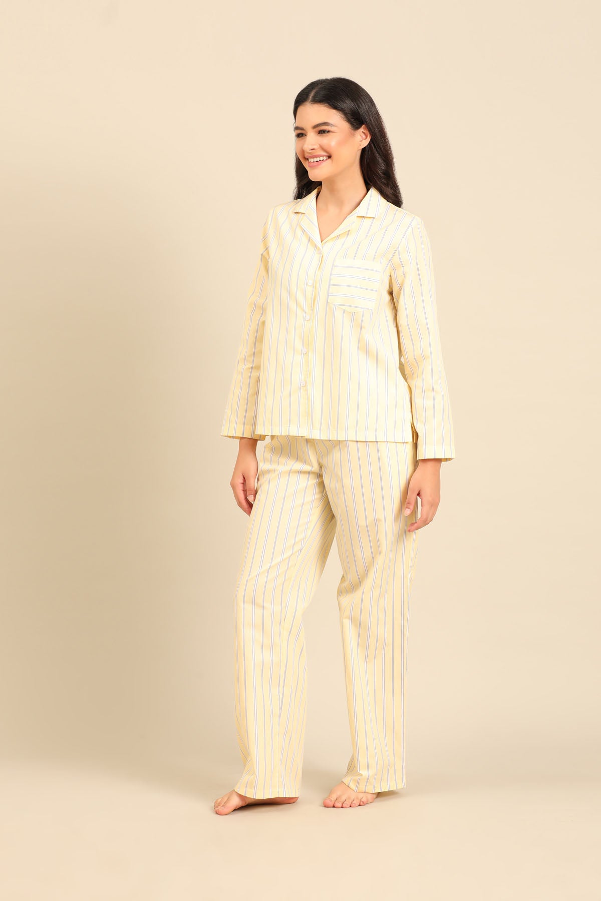 Butter Yellow Stripe Cotton Blend Women's Pajama Set - Full Sleeves
