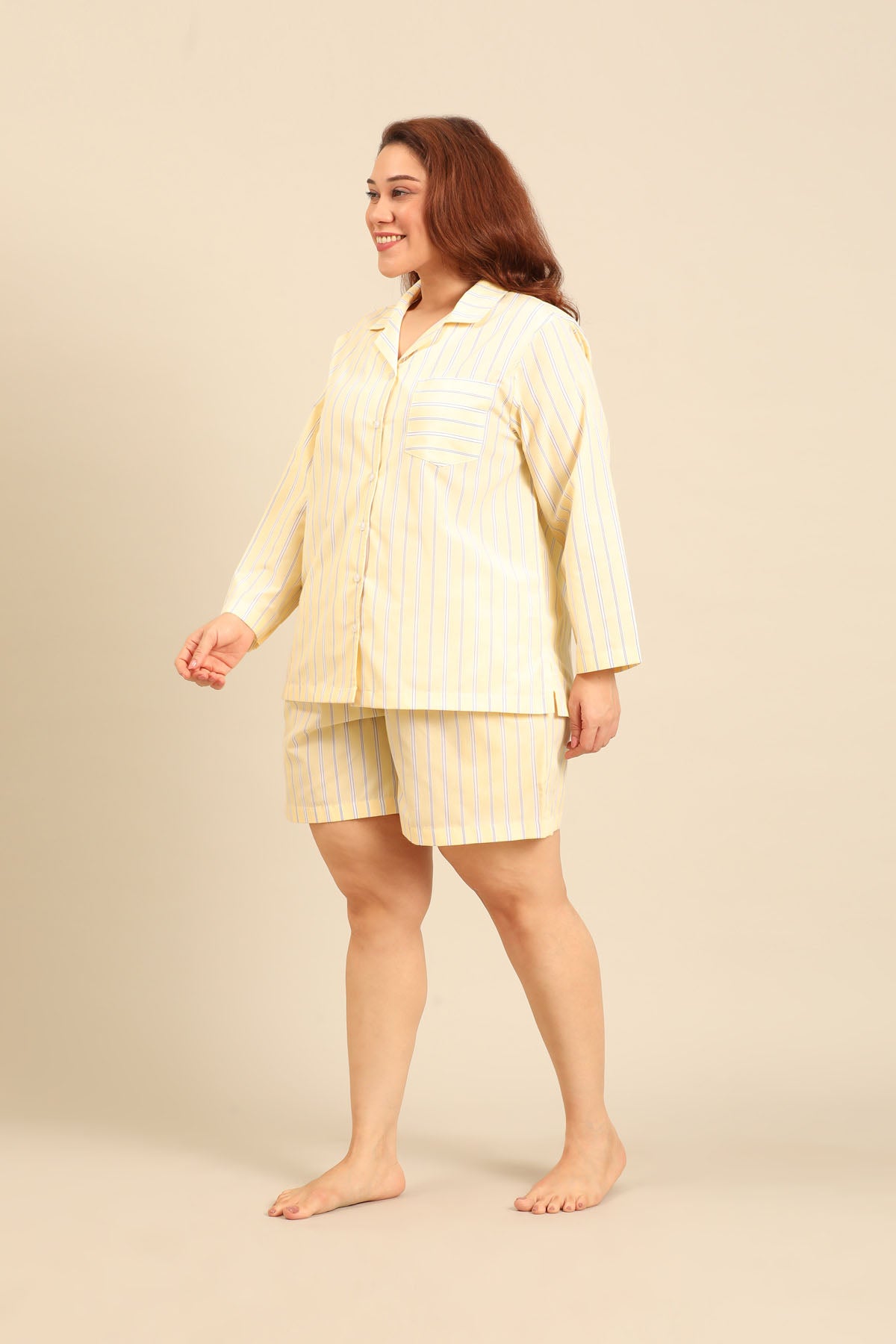 Butter Yellow Stripe Cotton Blend Women's Curve Shorts Set - Full Sleeves