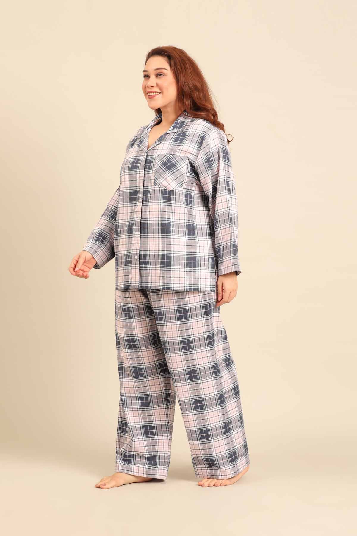 Maisie Check Cotton Twill Women's Curve Pajama Set - Full Sleeves
