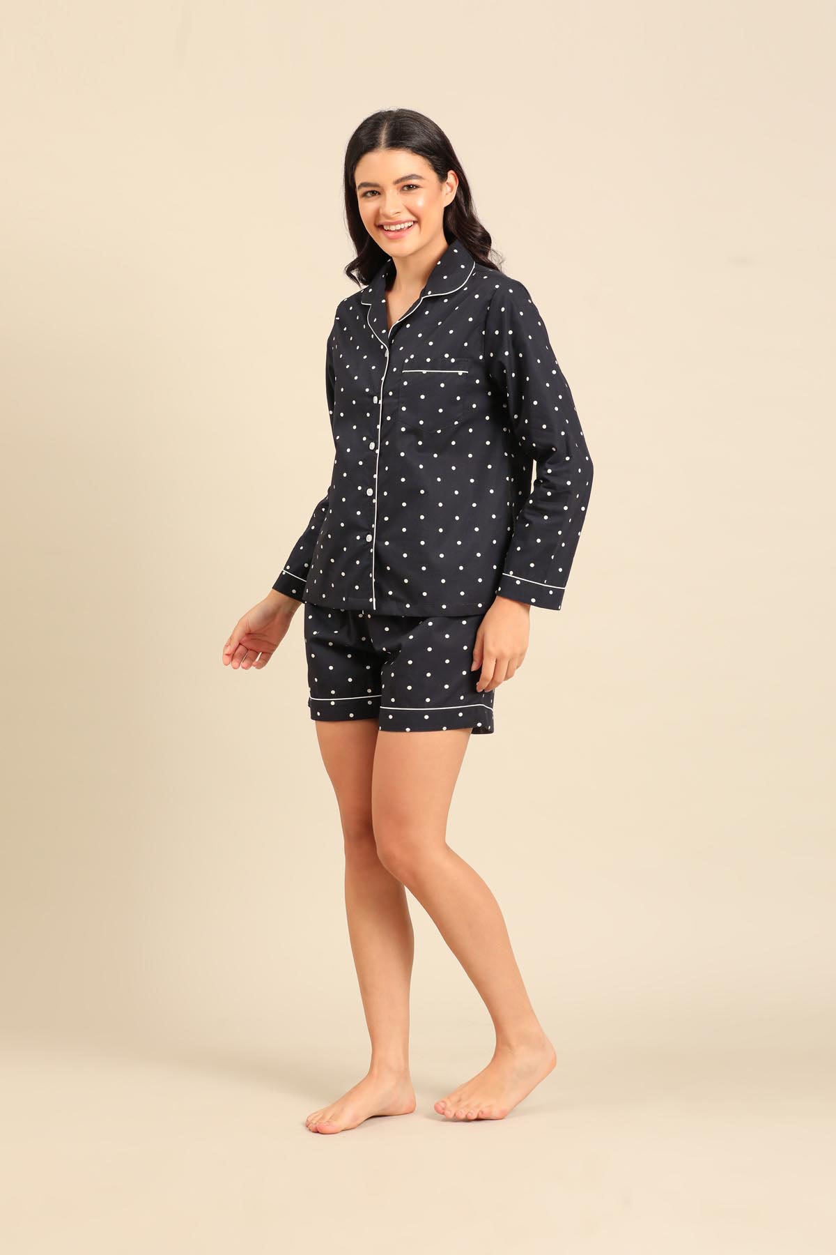 Navy Polka Cotton Blend Women's Shorts Set - Full Sleeves
