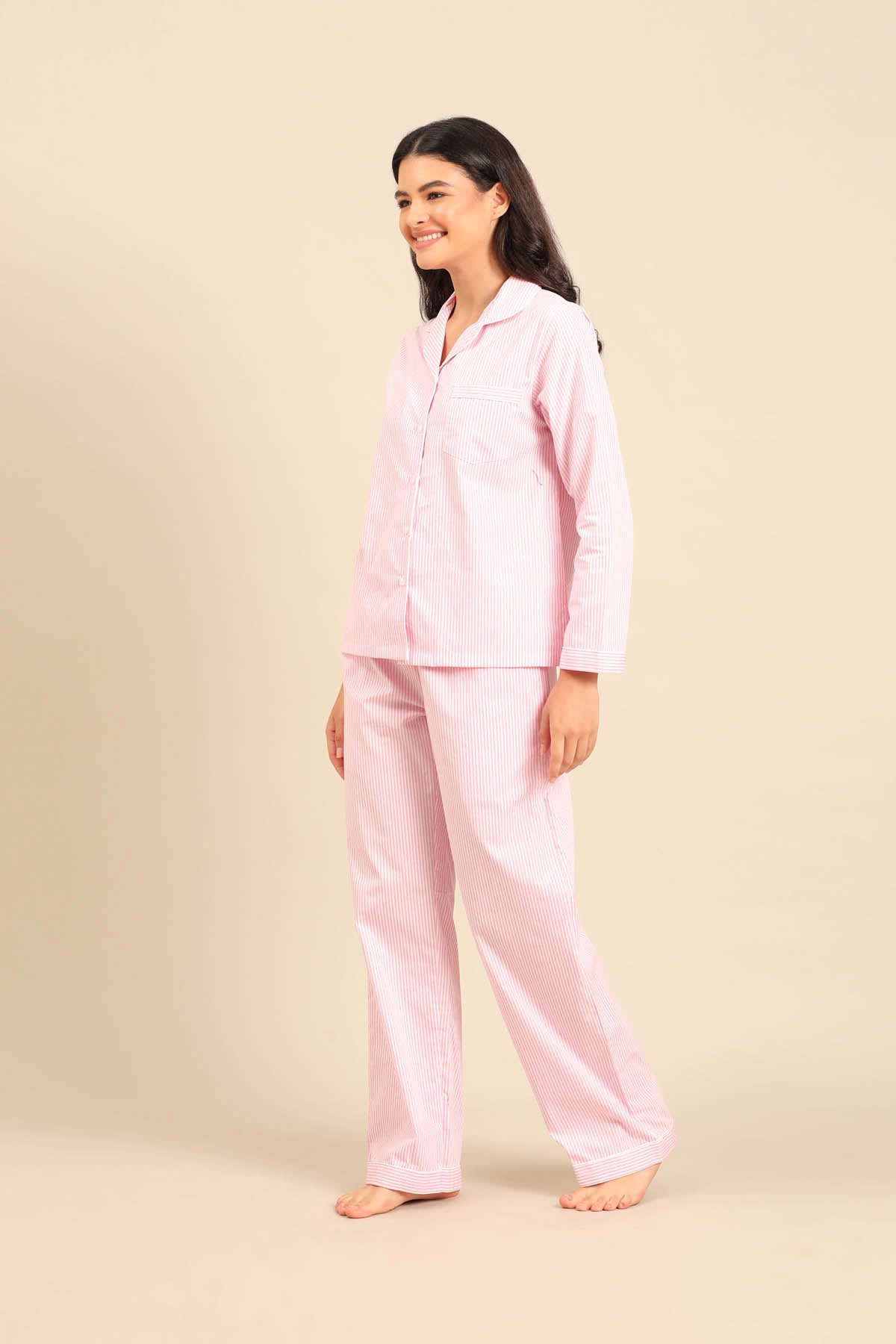 Bianca Pink Pinstripe Cotton Women's Pajama Set - Full Sleeves