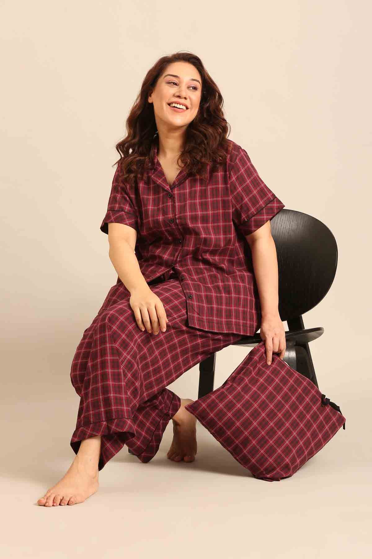 Veronica Plaid Cotton Women's Cotton Curve Pajama Set - Half Sleeves