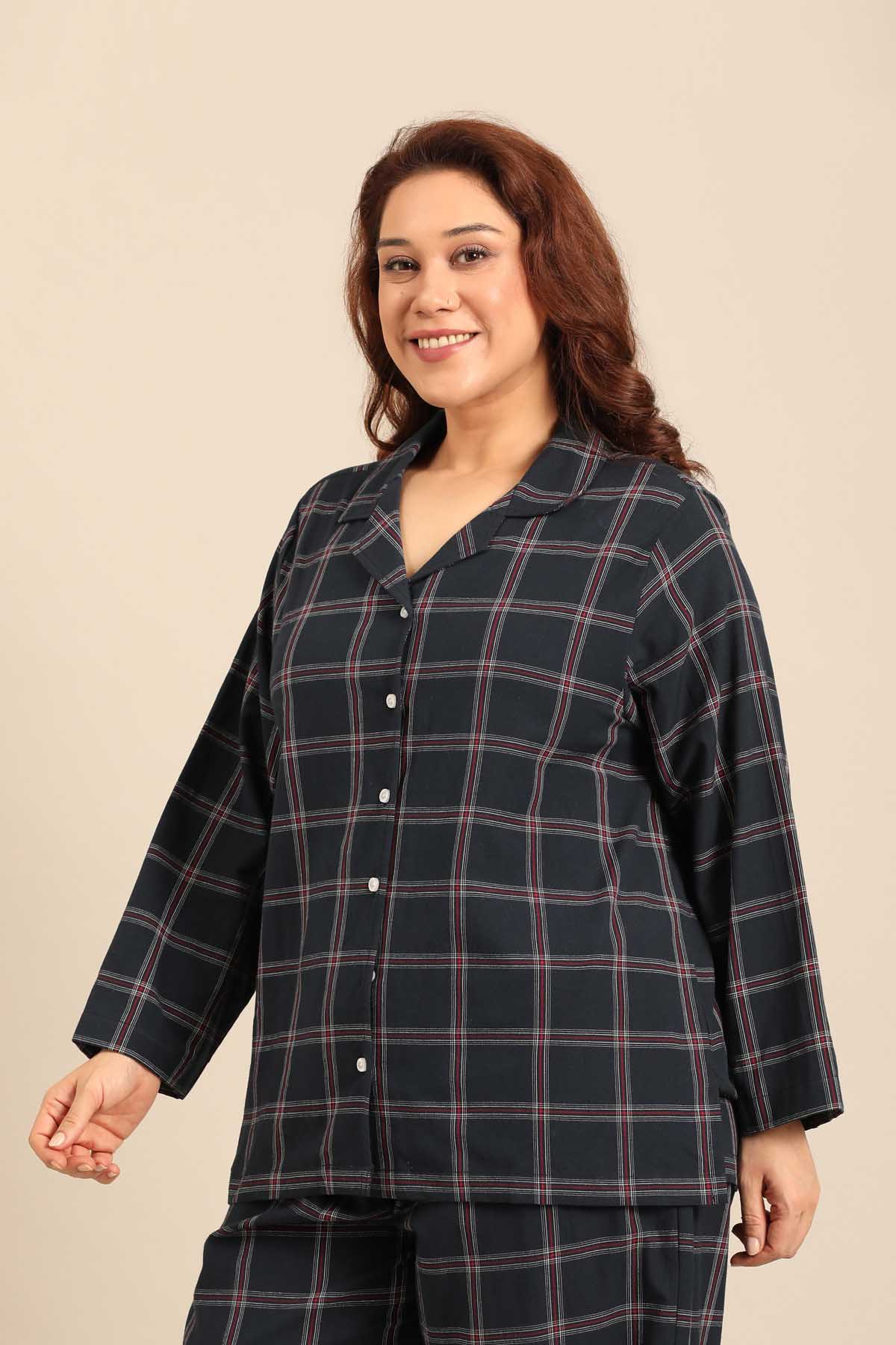 Amelia Check Cotton Blend Women's Curve Shirt Only - Full Sleeves