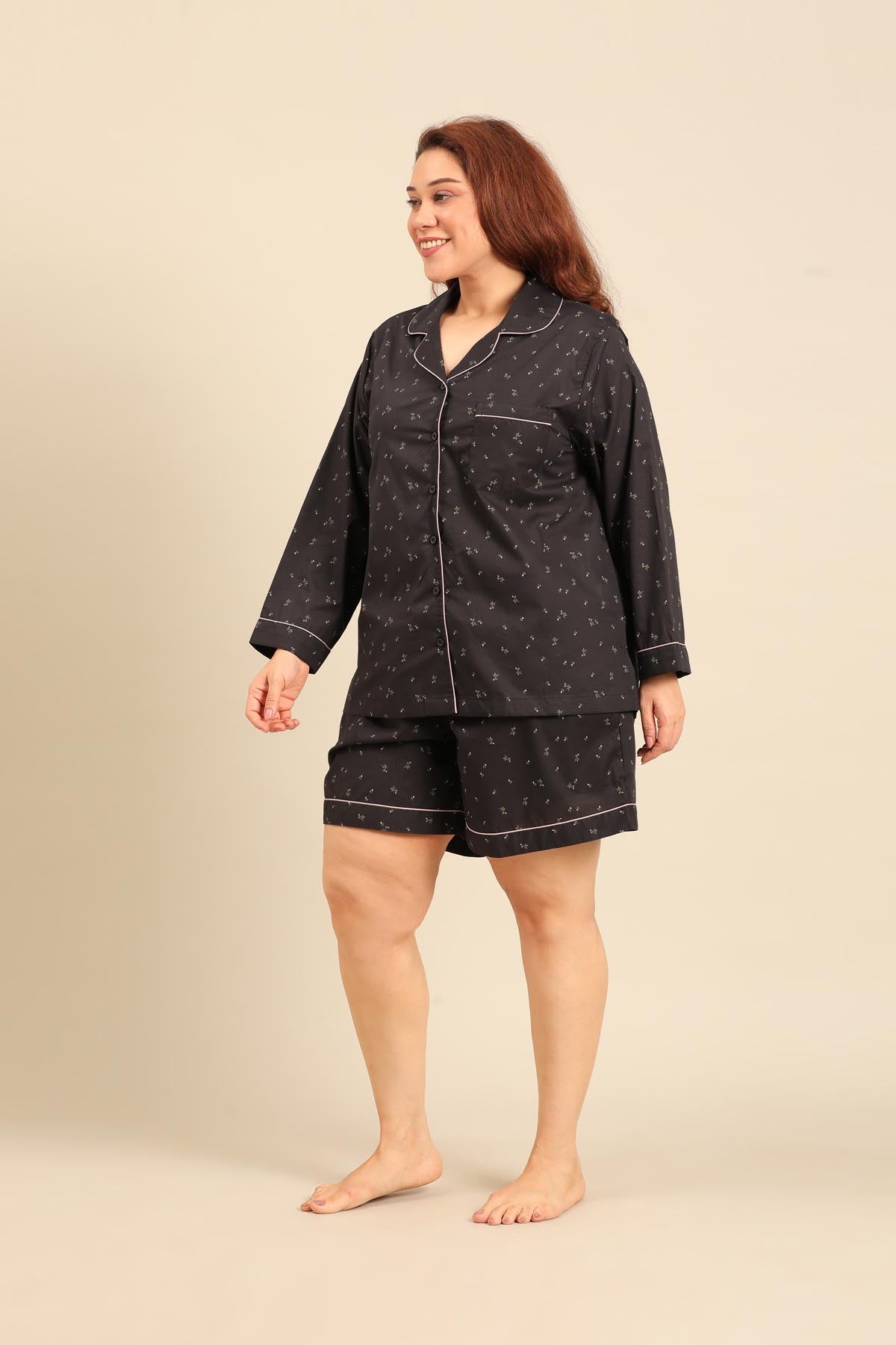 Margot Floral Cotton Women's Curve Shorts Set - Full Sleeves