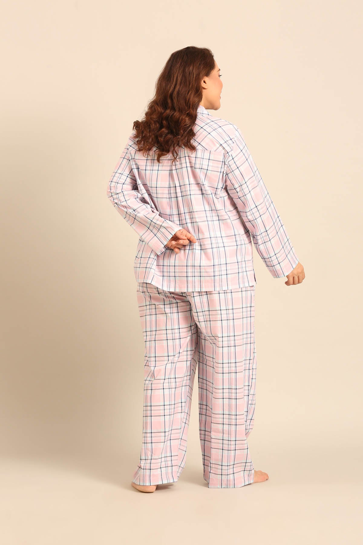 Annette Check Cotton Women's Curve Pajama Set - Full Sleeves