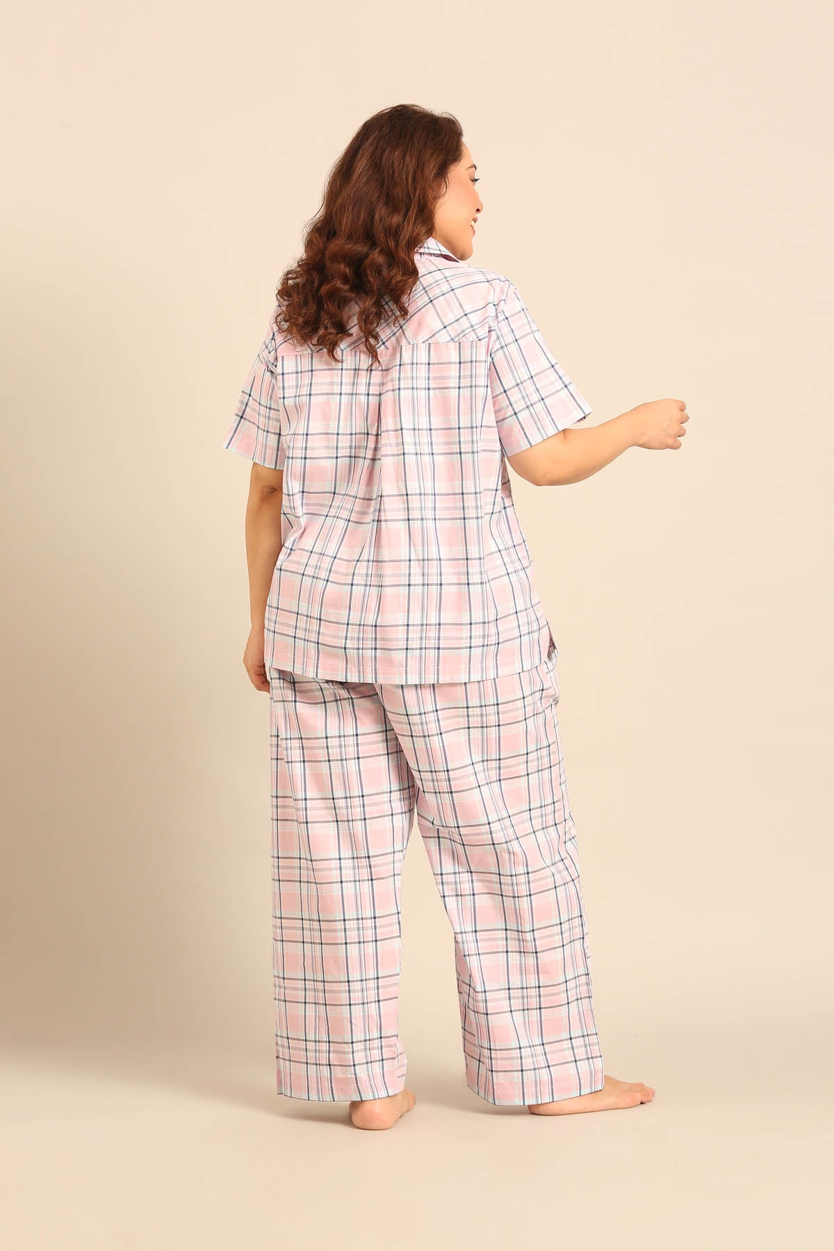 Annette Check Cotton Women's Curve Pajama Set - Half Sleeves