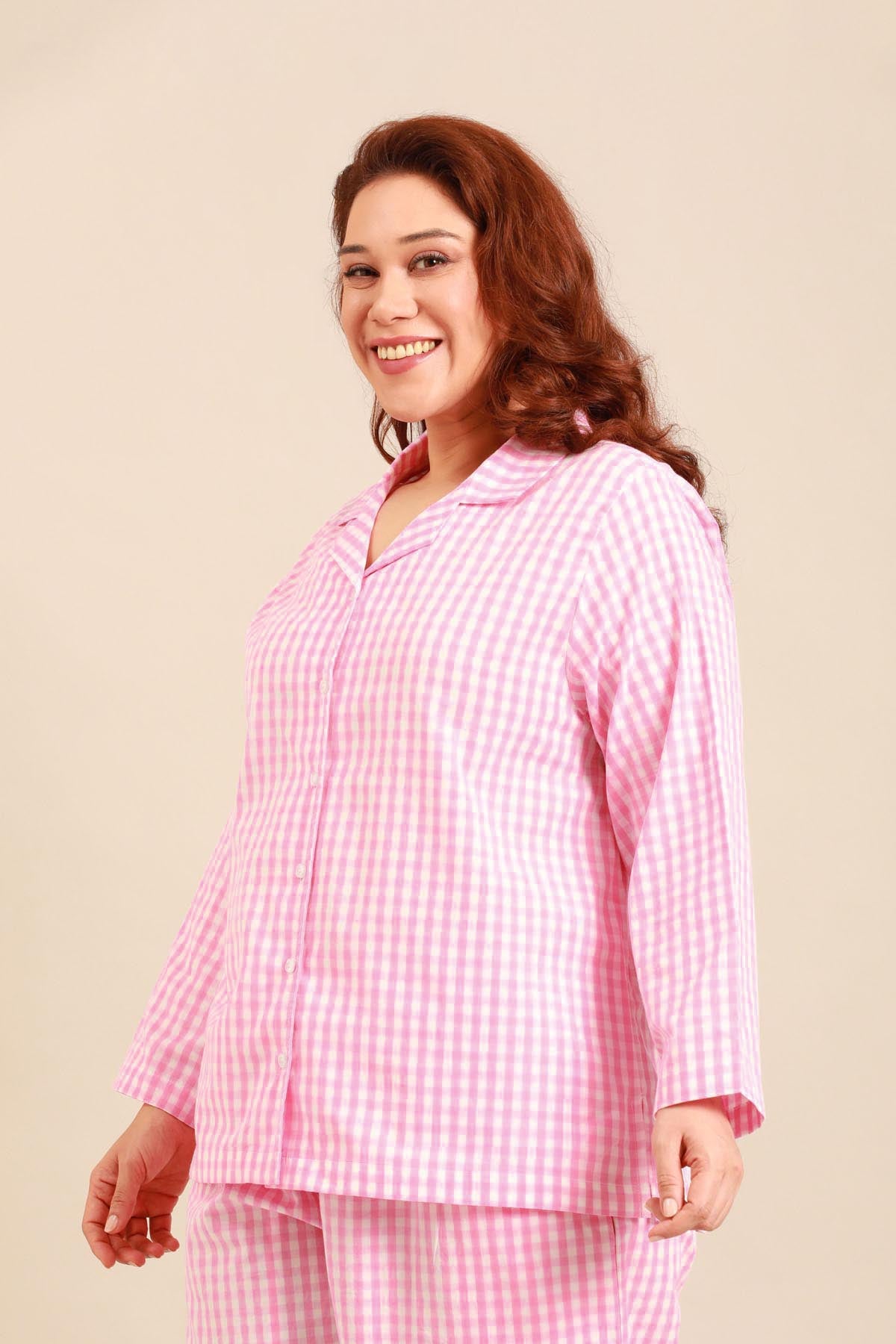 Stella Gingham Check Cotton Women's Curve Shirt Only - Full Sleeves