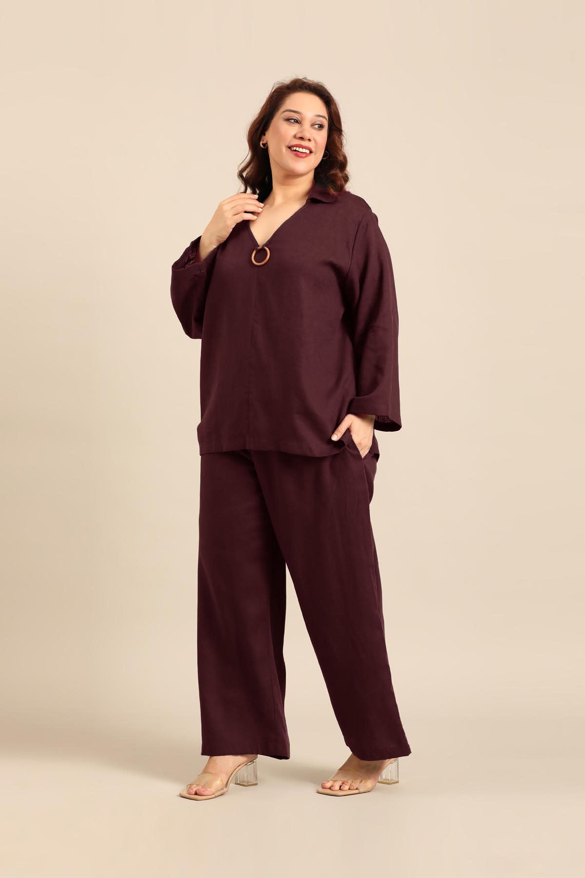 Tessa Wine Linen Blend Women's Co-ord Set