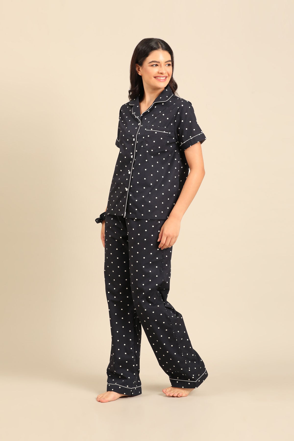 Navy Polka Cotton Blend Women's Pajama Set - Half Sleeves