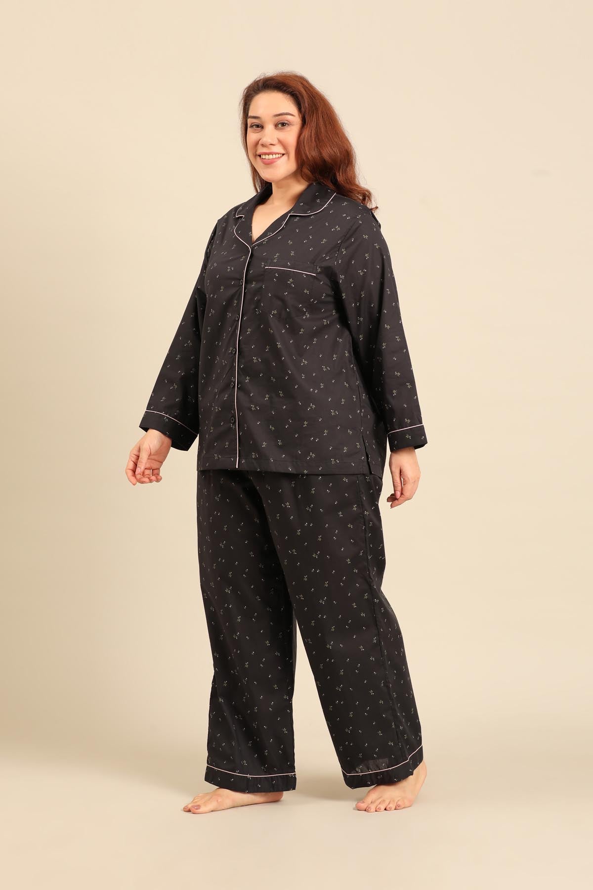 Margot Floral Cotton Women's Curve Pajama Set - Full Sleeves