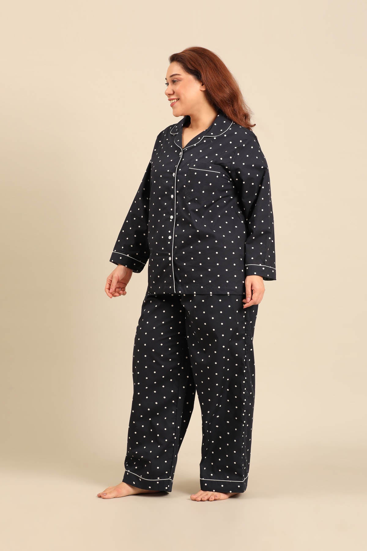 Navy Polka Cotton Blend Women's Curve Pajama Set - Full Sleeves