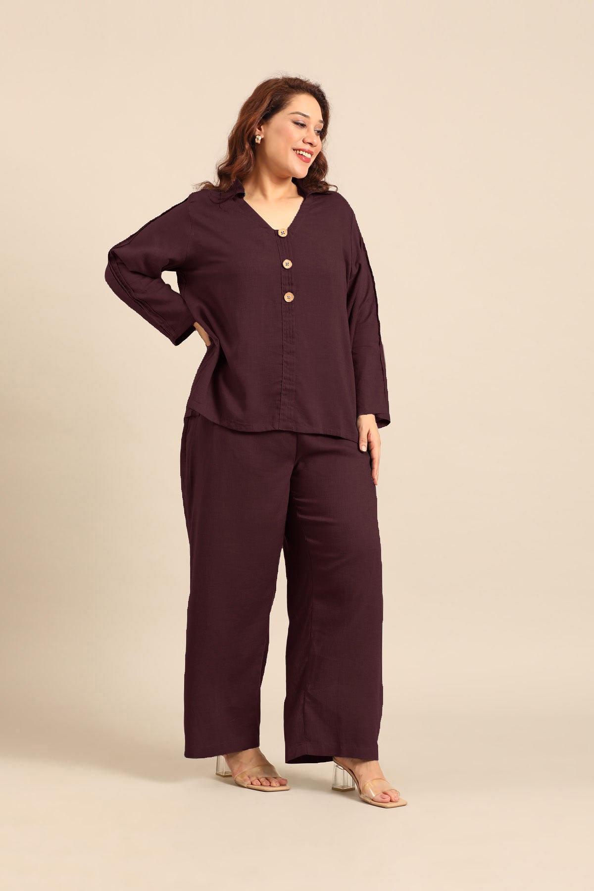 Kylie Wine Linen Blend Women's Co-ord Set