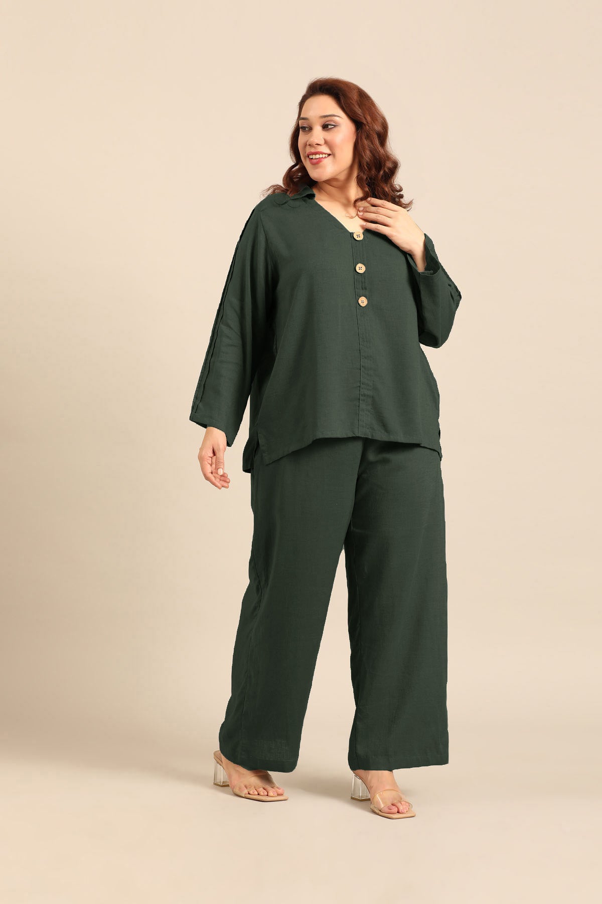 Kylie Forest Green Linen Blend Women's Co-ord Set