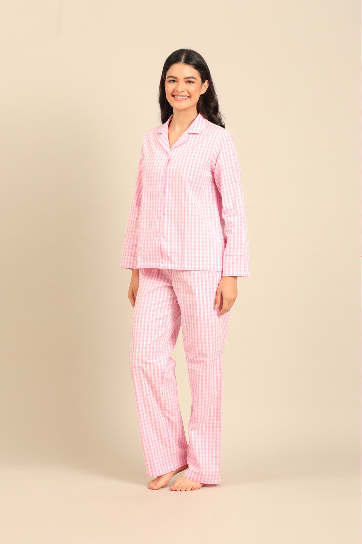 Stella Gingham Check Cotton Women's Pajama Set - Full Sleeves