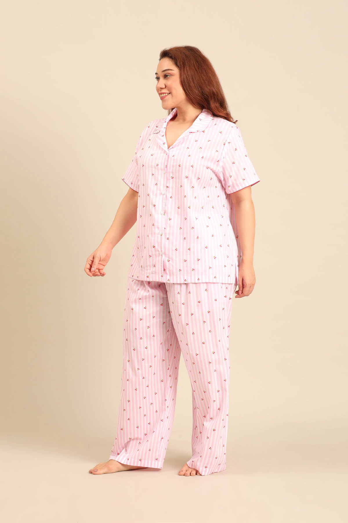 Cherry Stripe Cotton Women's Curve Pajama Set - Half Sleeves