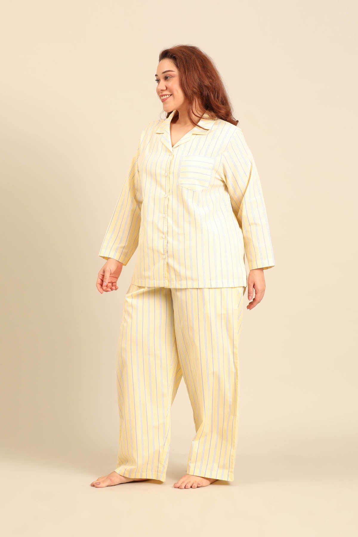 Butter Yellow Stripe Cotton Blend Women's Curve Pajama Set - Full Sleeves