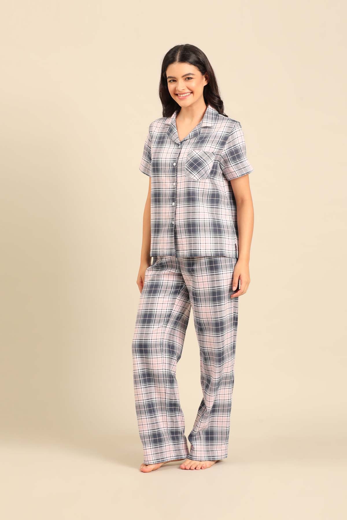 Maisie Check Cotton Twill Women's Pajama Set - Half Sleeves