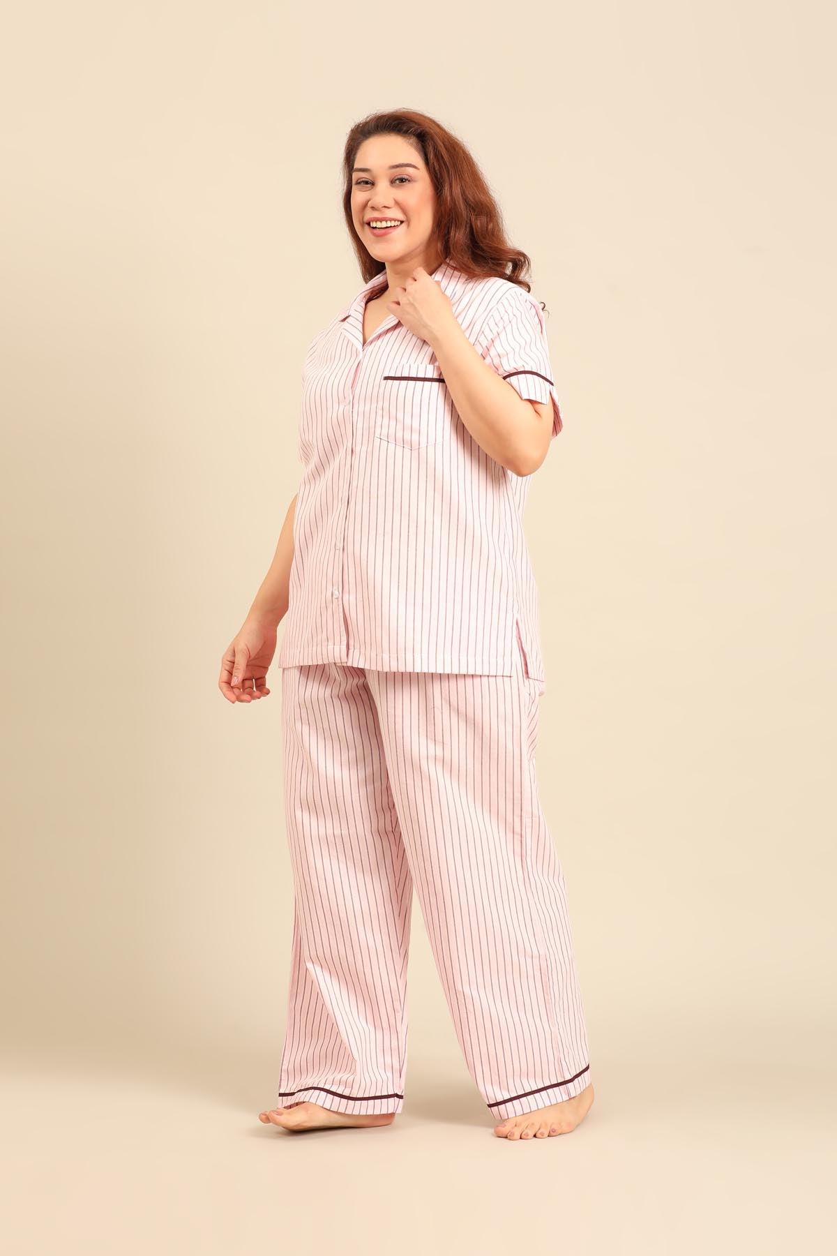 Vivian Stripe Cotton Women's Curve Pajama Set - Half Sleeves