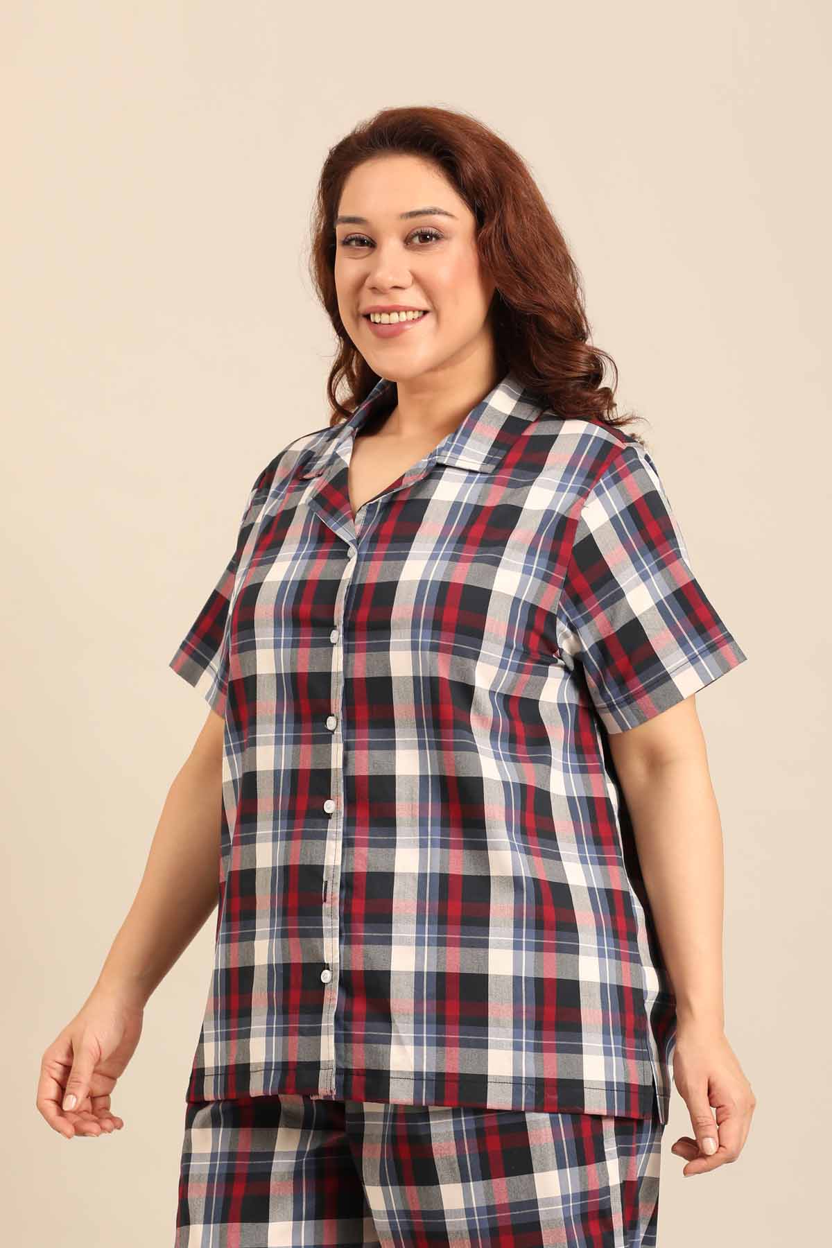 Leah Check Cotton Blend Women's Curve Shirt Only - Half Sleeves