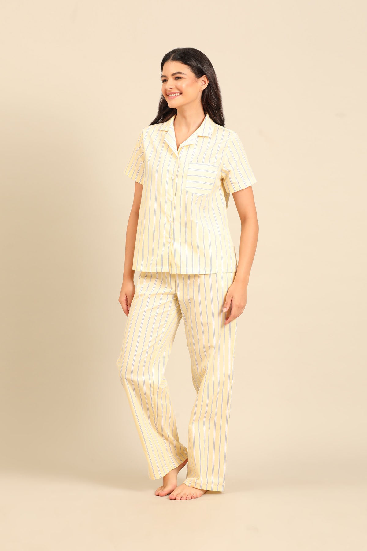 Butter Yellow Stripe Cotton Blend Women's Pajama Set - Half Sleeves