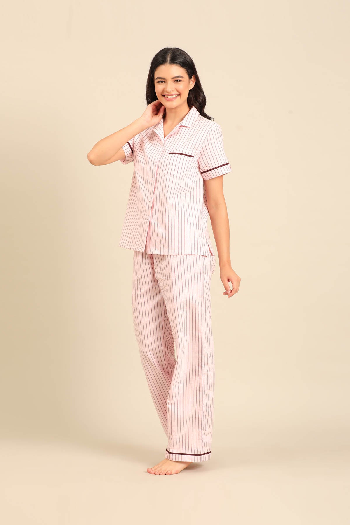 Vivian Stripe Cotton Women's Pajama Set - Half Sleeves