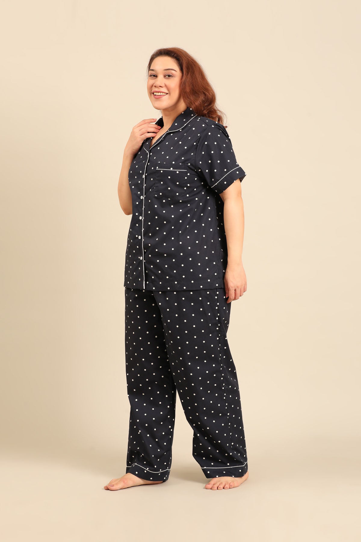 Navy Polka Cotton Blend Women's Curve Pajama Set - Half Sleeves