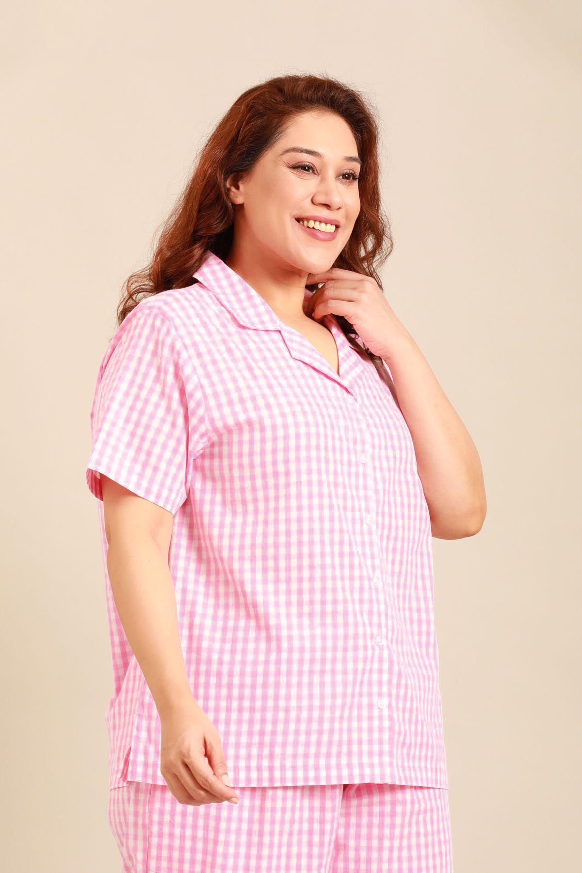 Stella Gingham Check Cotton Women's Curve Shirt Only - Half Sleeves