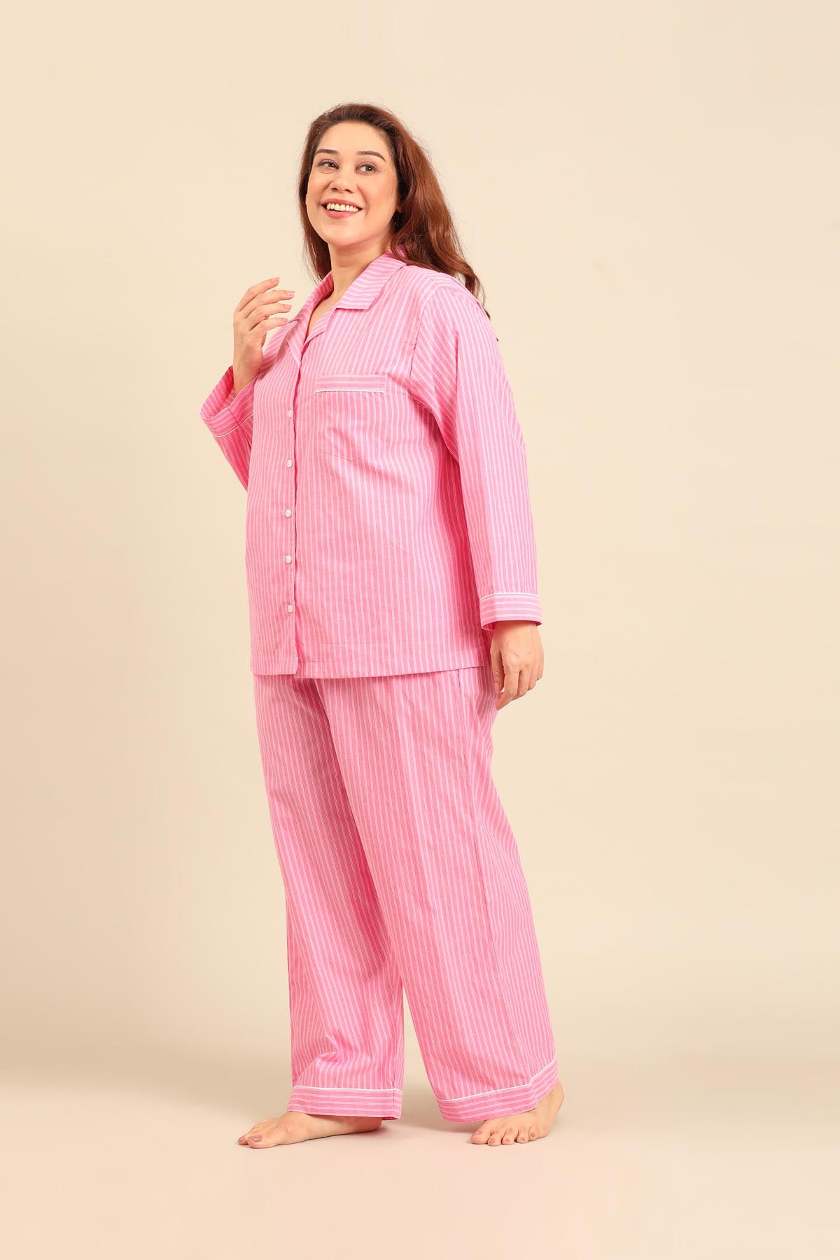Miranda Stripe Cotton Women's Curve Pajama Set - Full Sleeves