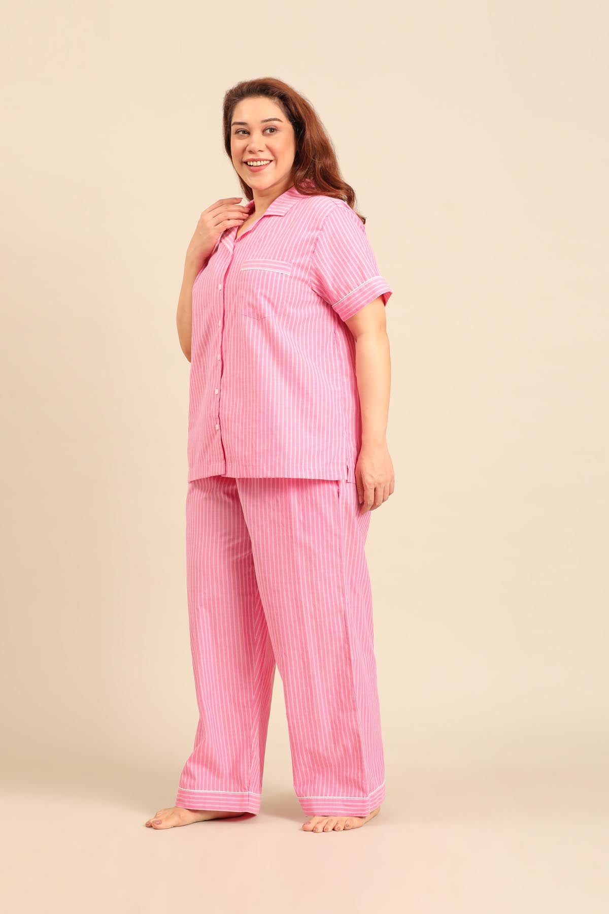 Miranda Stripe Cotton Women's Curve Pajama Set - Half Sleeves