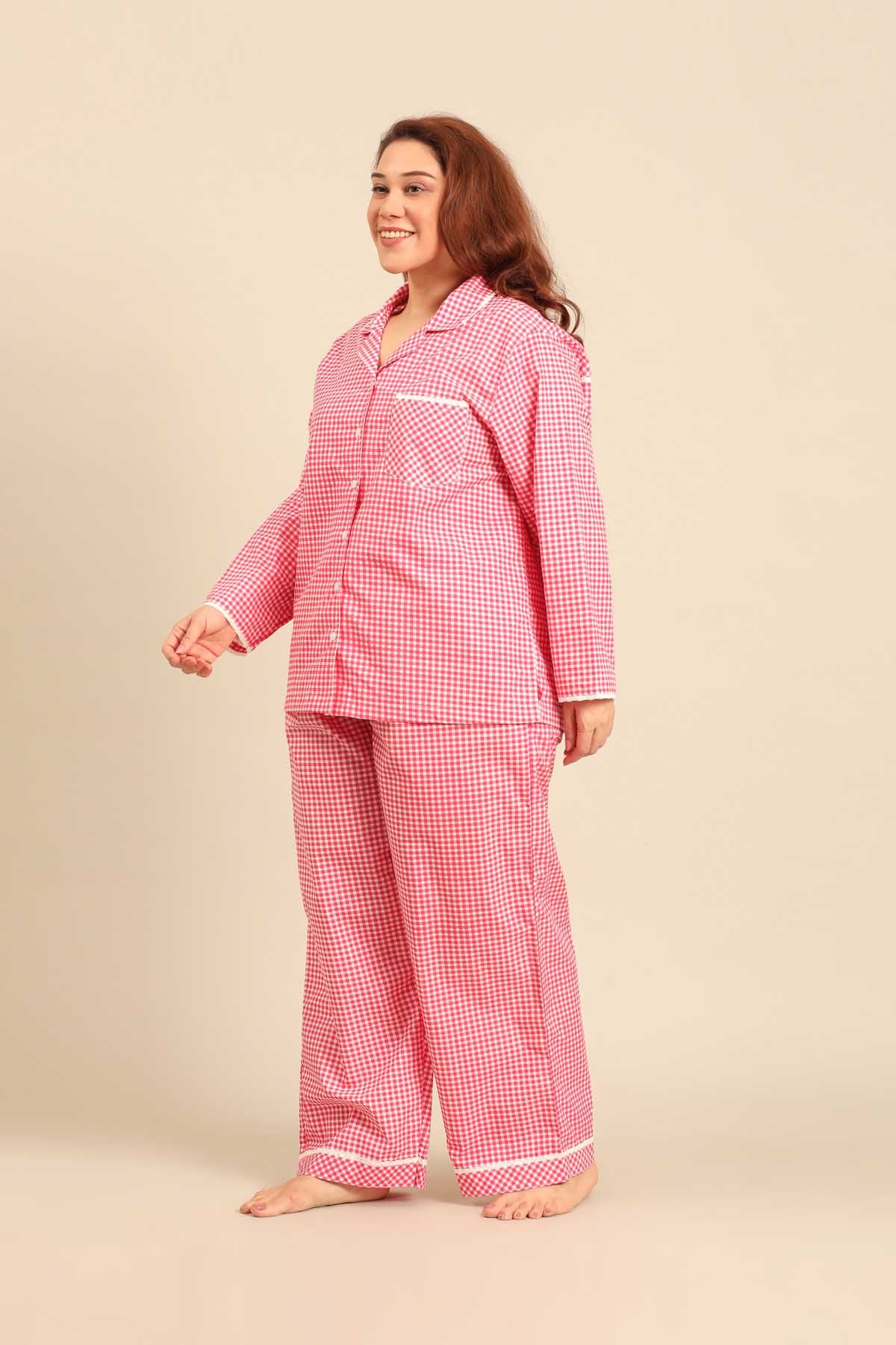 Red Gingham Check Cotton Blend Women's Curve Pajama Set - Full Sleeves