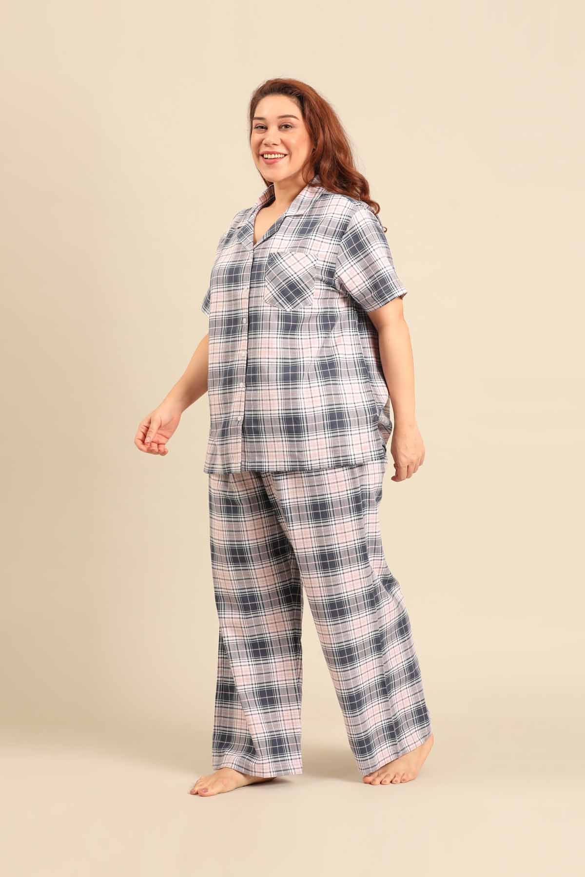 Maisie Check Cotton Twill Women's Curve Pajama Set - Half Sleeves