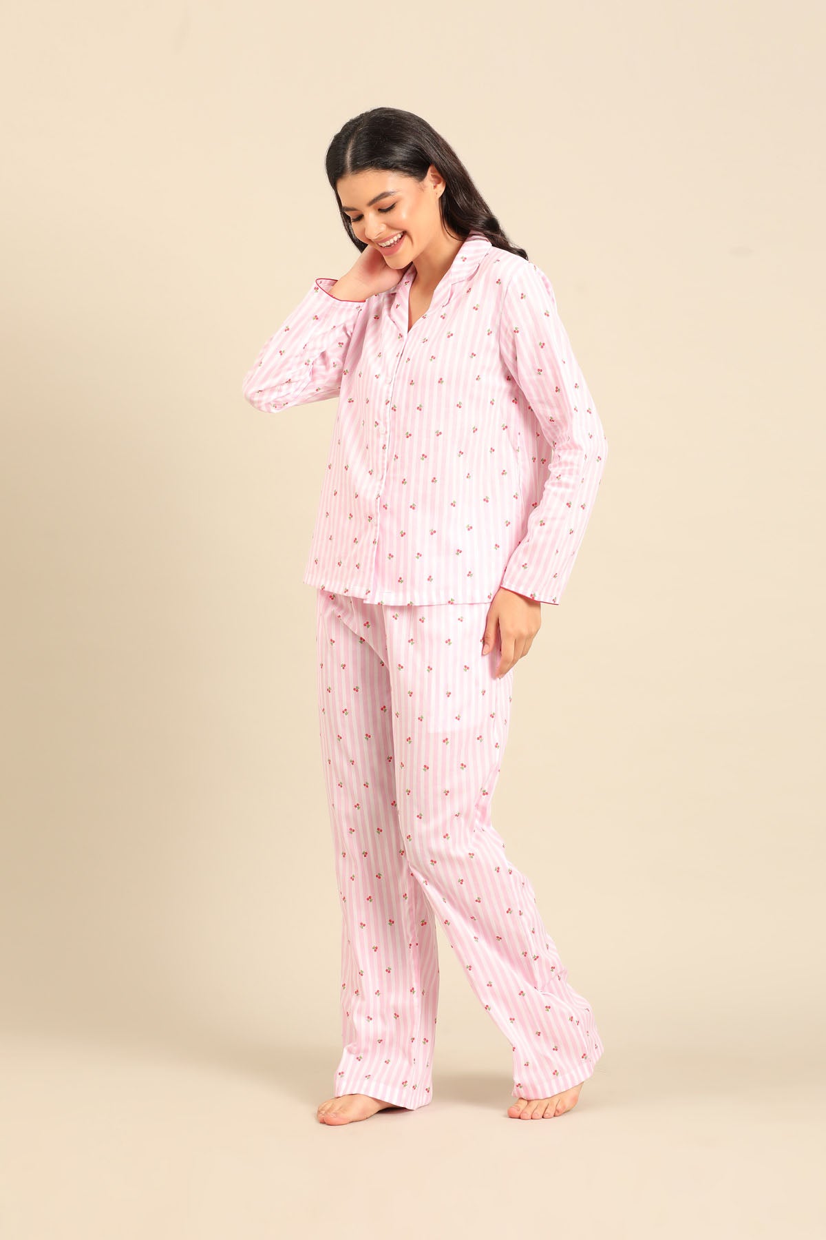 Cherry Stripe Cotton Women's Pajama Set - Full Sleeves