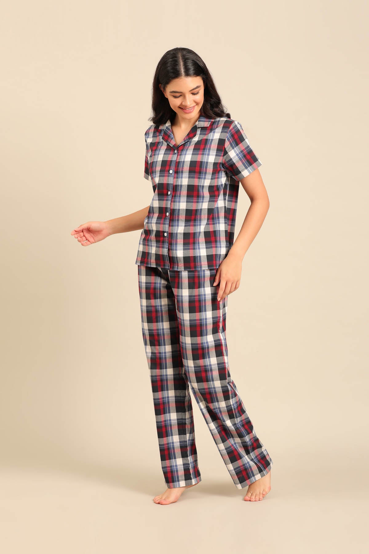 Leah Check Cotton Women's Pajama Set - Half Sleeves