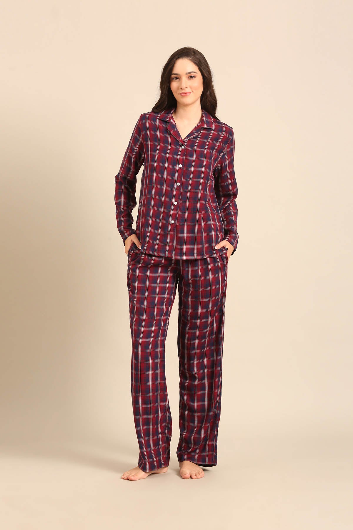 Ruby Check Cotton Women's Pajama Set- Full Sleeves