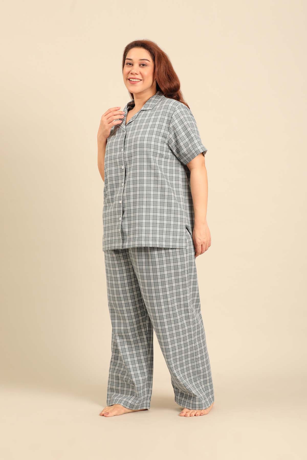 Dusty Blue Check Cotton Twill Women's Curve Pajama Set - Half Sleeves