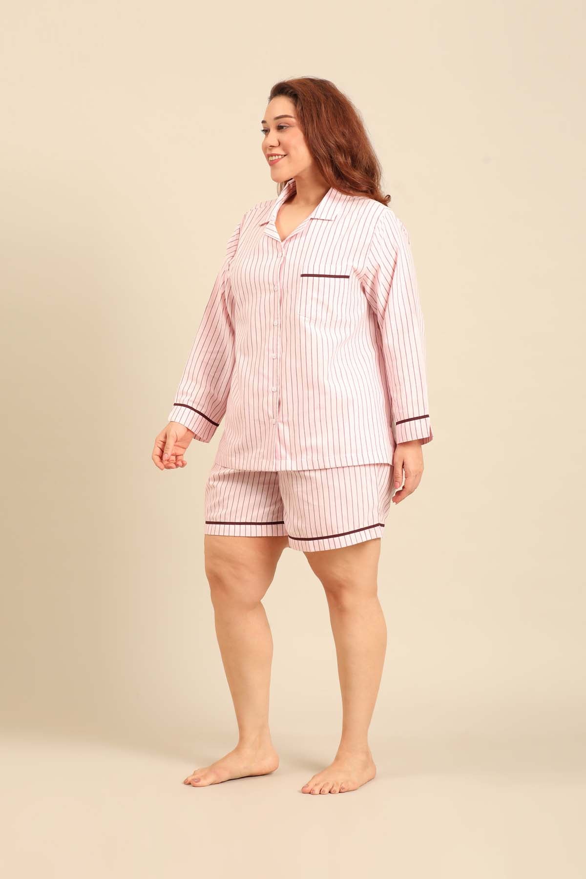 Vivian Stripe Cotton Women's Curve Shorts Set - Full Sleeves