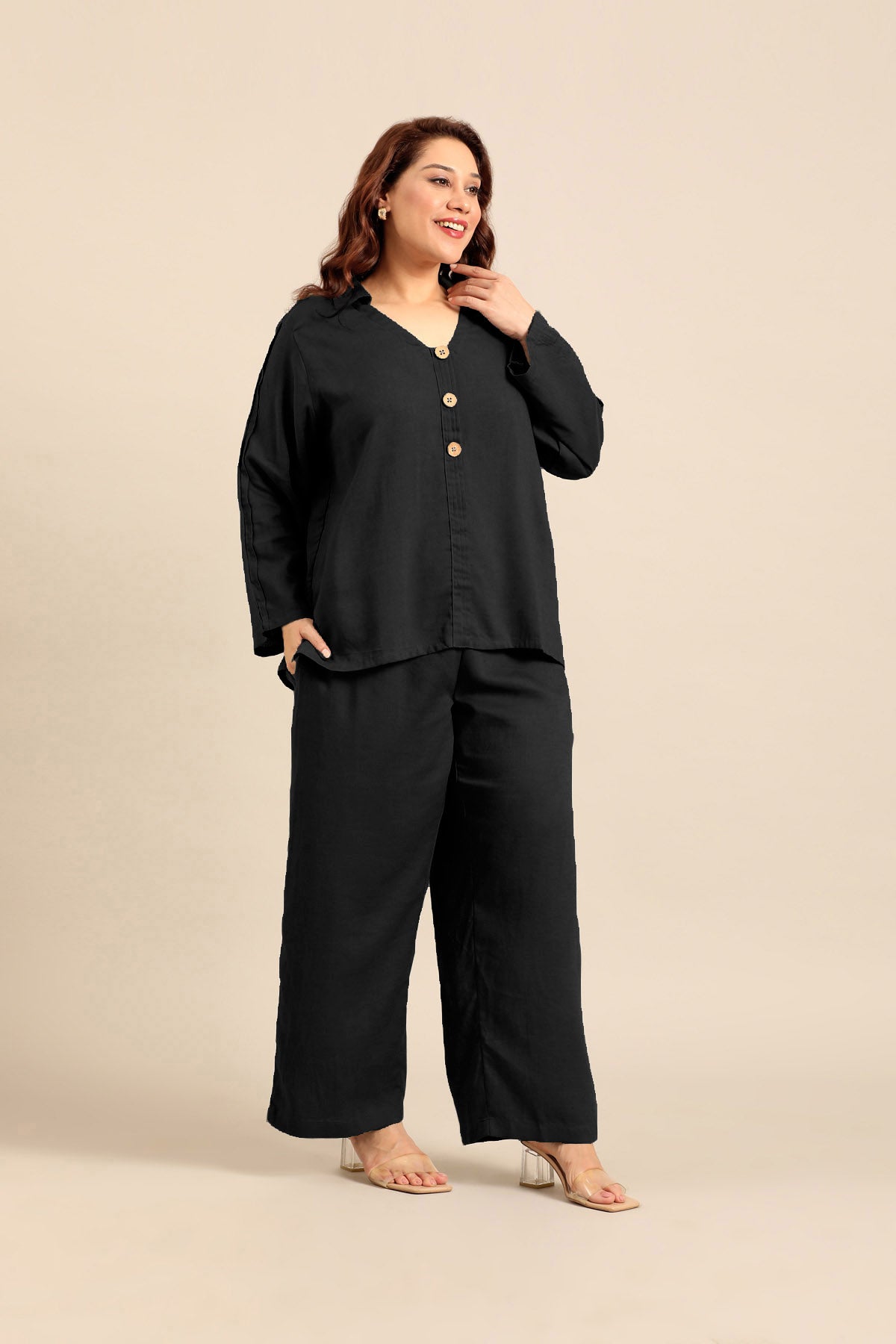 Kylie Black Linen Blend Women's Co-ord Set