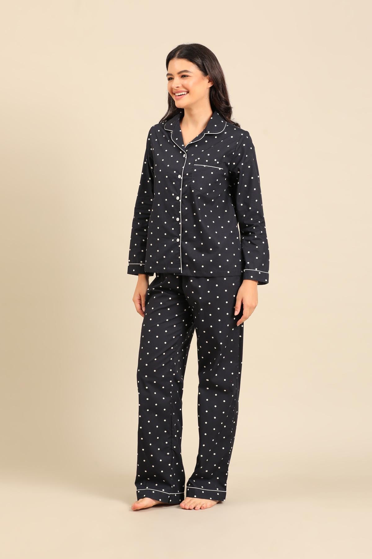 Navy Polka Cotton Blend Women's Pajama Set - Full Sleeves