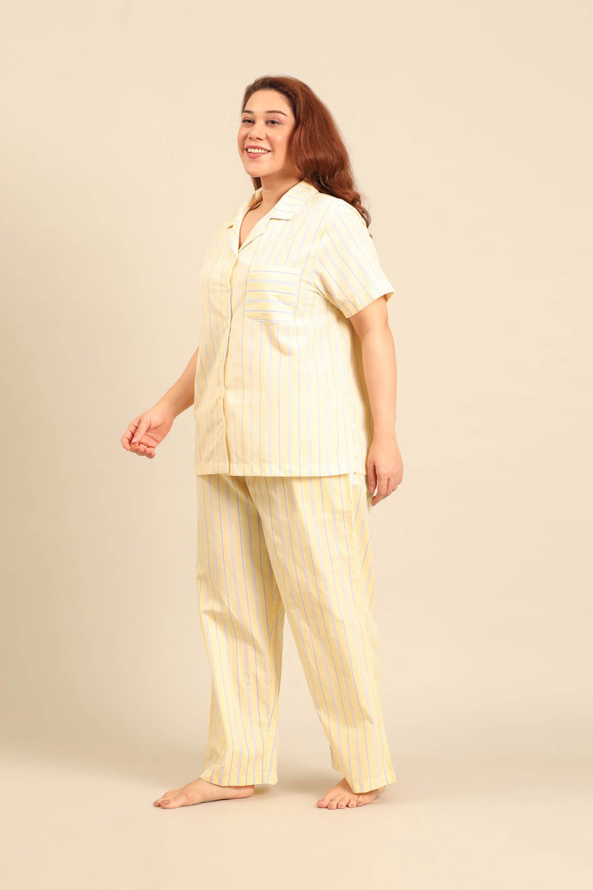 Butter Yellow Stripe Cotton Blend Women's Curve Pajama Set - Half Sleeves