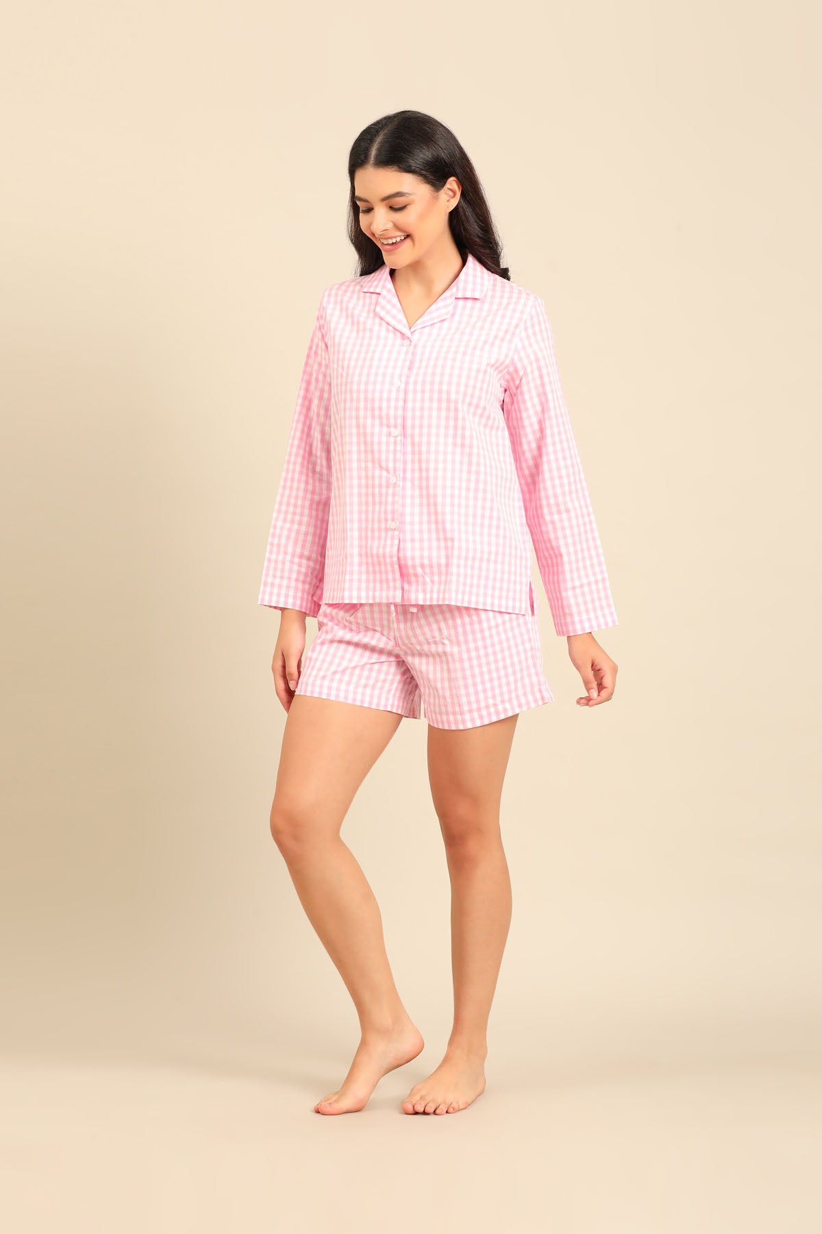 Stella Gingham Check Cotton Women's Shorts Set - Full Sleeves