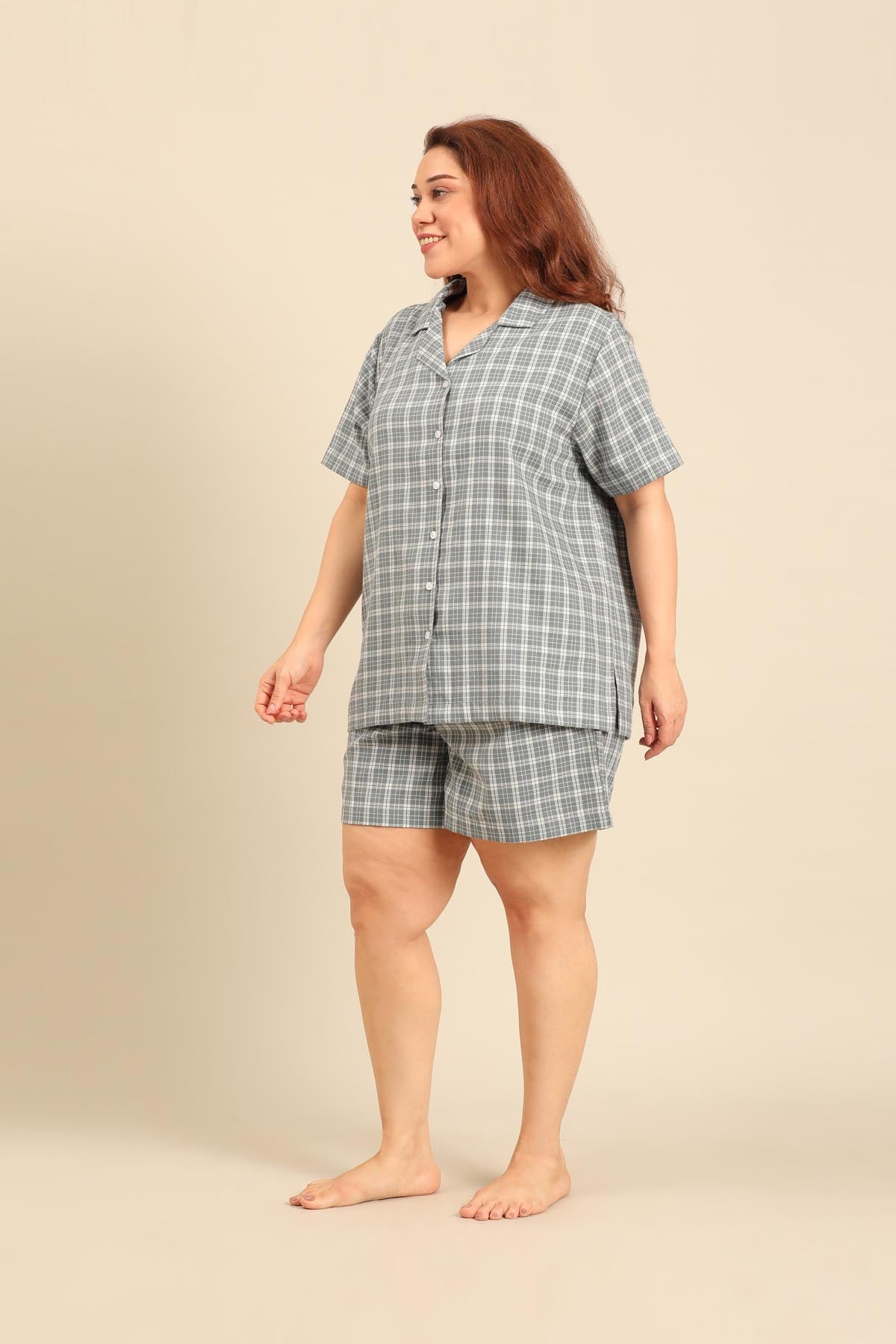 Dusty Blue Check Cotton Twill Women's Curve Shorts Set - Half Sleeves