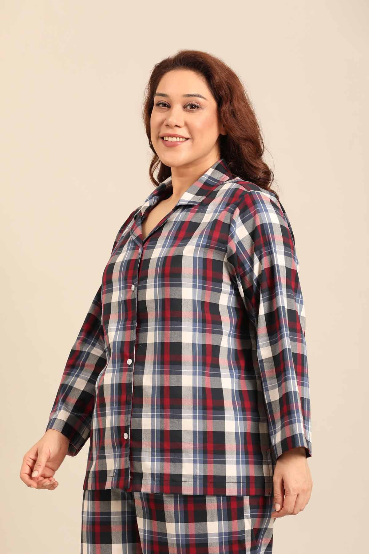 Leah Check Cotton Blend Women's Curve Shirt Only - Full Sleeves