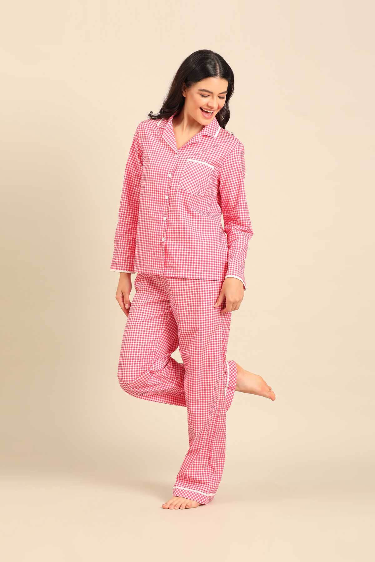 Red Gingham Check Cotton Blend Women's Pajama Set - Full Sleeves