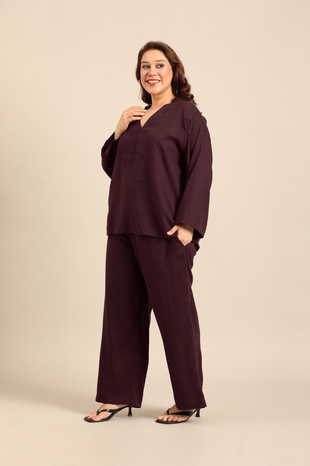 Sandra Wine Linen Blend Women's Co-ord Set