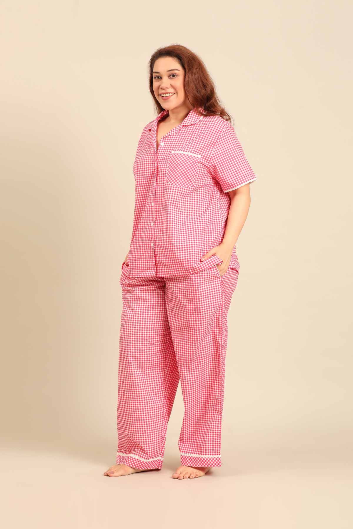 Red Gingham Check Cotton Blend Women's Curve Pajama Set - Half Sleeves