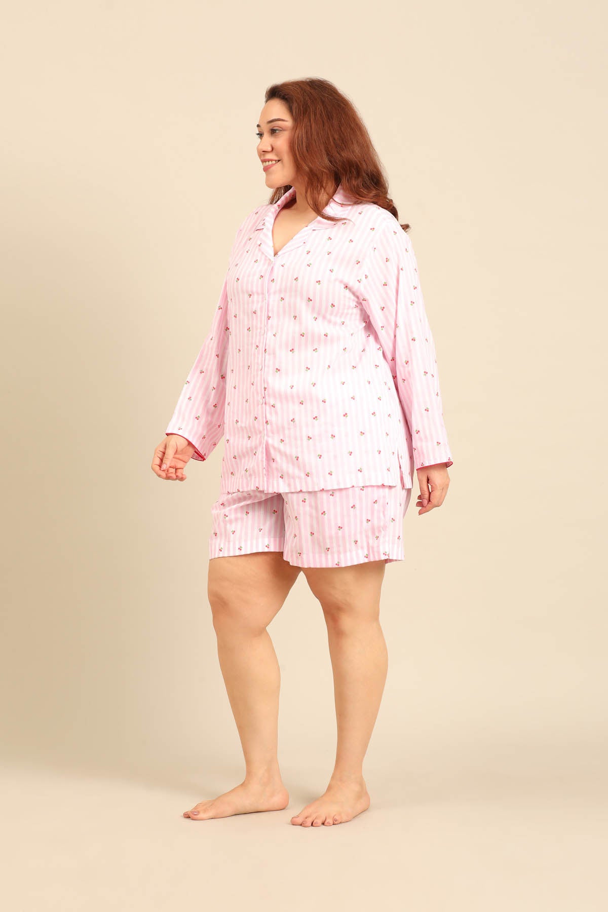 Cherry Stripe Cotton Women's Curve Shorts Set - Full Sleeves