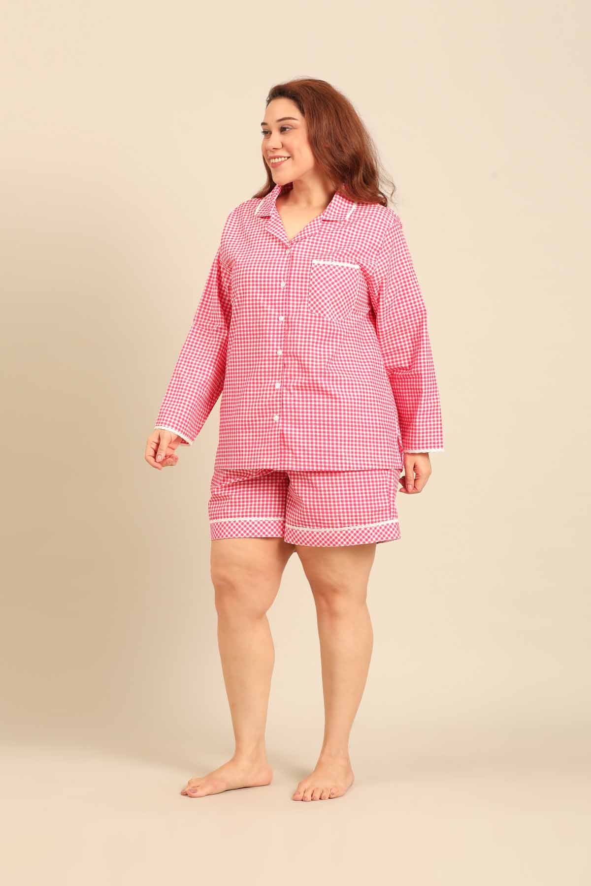Red Gingham Check Cotton Blend Women's Curve Shorts Set - Full Sleeves