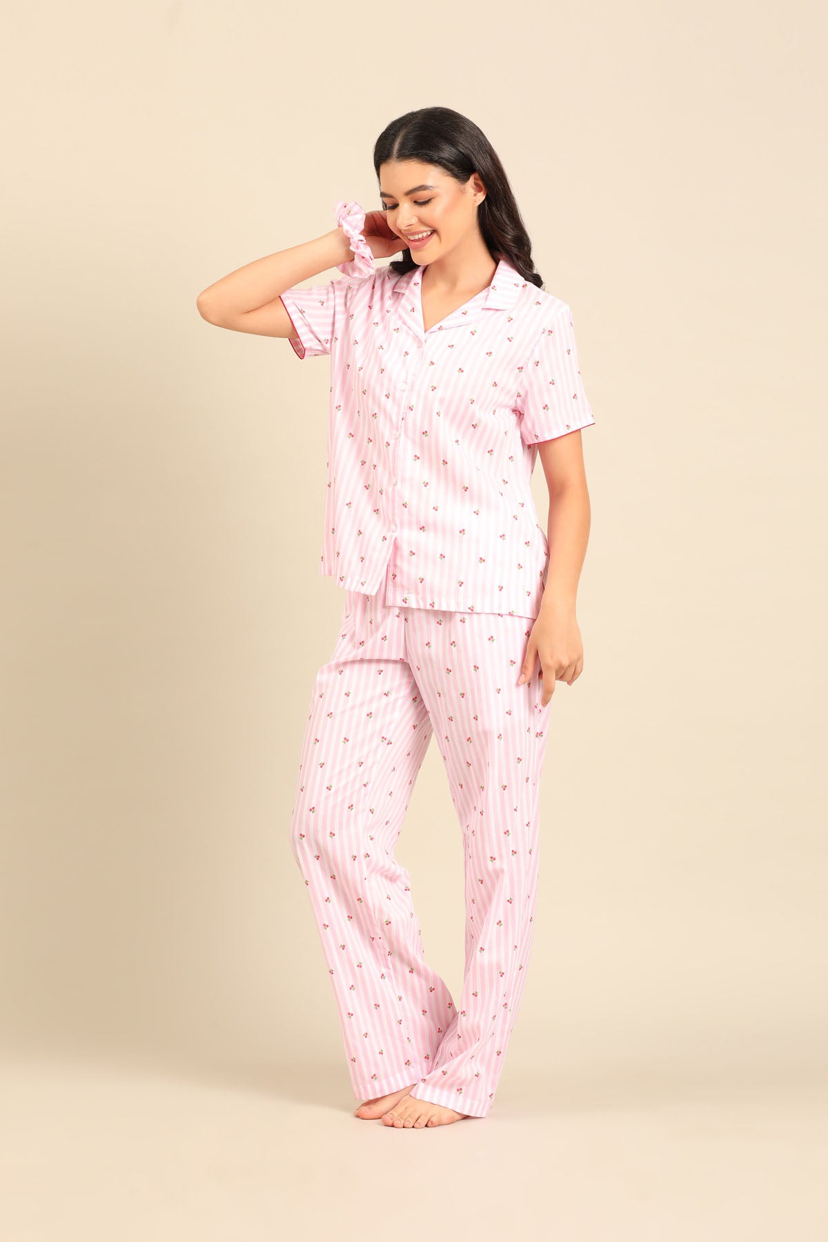 Cherry Stripe Cotton Women's Pajama Set - Half Sleeves